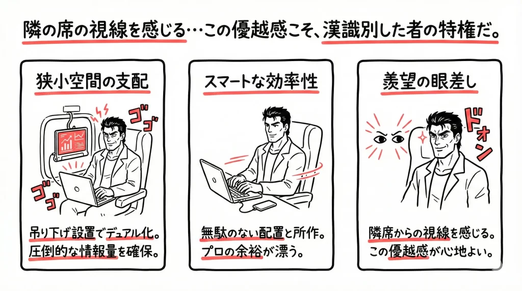 ビジネスでそのまま使える、見やすい1枚図解を作成する(読みやすさ最優先)。 【利用用途】1枚図解 【比率】16:9 【テーマ】 - 買うべき人と買わない方がいい人の選別 【タイトル】 - 誰のための「装備」か? 【構成】 - 左右2カラムで比較する(左と右で対比が直感的に分かる) - 余白は十分。ブロック間の余白を一定にして窮屈にしない - 文字は短文。詰め込み禁止。読みやすい文字サイズを維持する 【デザイン・色】 - カラーは白・黒・アクセント1色のみ。アクセントは赤 (#EF4444)。アクセント色以外の色は一切使わない(グレー/肌色は禁止) - 写真風/フォトリアルにはしない(イラスト/図解としてクリーンに) - 3D表現:使わない - テクスチャ:使わない(ノイズなし) - 影:使わない - グラデーションは使わない - アクセントの使い方:重要語のマーカー/下線/ハイライト - アクセントは控えめに使用(重要箇所のみ) 【画風・トーン】 - 画風:手書き風(イラスト+文字) / 線のゆらぎ・ラフ、文字も手書き - スタイル指示(英語タグ):hand-drawn illustration, sketchy lines, subtle line wobble, doodle style, clean flat colors, minimal shading, hand-lettered text, handwritten typography, marker lettering, legible block letters, consistent stroke width, high readability, no cursive - 注意:手書き風は「イラスト+文字」どちらも手書き感に統一する。文字は読みやすい整った手書き(マーカー/ペンのブロック体、線幅一定)。崩し字や筆記体は避け、可読性を最優先。 - 背景は白ベタ 【文字】 - 言語:日本語 - フォント:読みやすい手書き(マーカー/ペン、ブロック体、線幅一定。崩し字/筆記体は避ける) - 見出しは短く、本文は短文。読み順が迷わない配置 【図解に入れる内容】 - 左(比較1):買うな(対象外):・Apple信者 (Sidecarを使え) ・1gでも軽くしたい人 (830gは重い) ・FPSガチ勢 (144Hzを求めろ) - 右(比較2):装備せよ(選ばれし者):・Windowsユーザー ・Switchを持ち歩くゲーマー ・配線嫌いのノマド ・「ケーブル1本」の美学がわかる奴 【登場人物】 - 人物は描かない。アイコンや図形で図解する 【禁止】 - 文字だらけ、詰め込み、読めない小文字 - 写真風、フォトリアル、実写 - 3D - テクスチャ/紙質/ノイズ - ハーフトーン/網点 - 影 - 文字に強い影・発光・グロー - グラデーション - 細かすぎる背景、過剰な装飾 【AIへの追加指示】 - 左は「立ち入り禁止」のようなゲート、右は「宝物庫への入り口」のようなイメージ。
