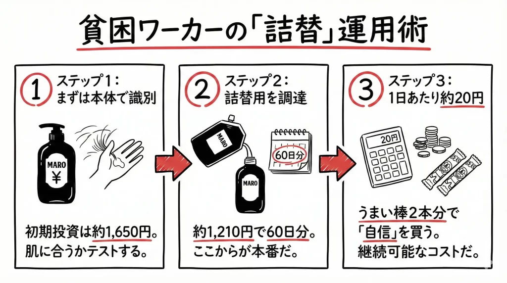 【コスパ鑑定】MARO 3Dの価格と寿命は?貧困層でも続けられる「詰替」戦術。見出し画像