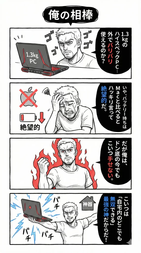 【神器の透視】俺が自腹検証したrog flow x13のバッテリー持ちの実態。漫画