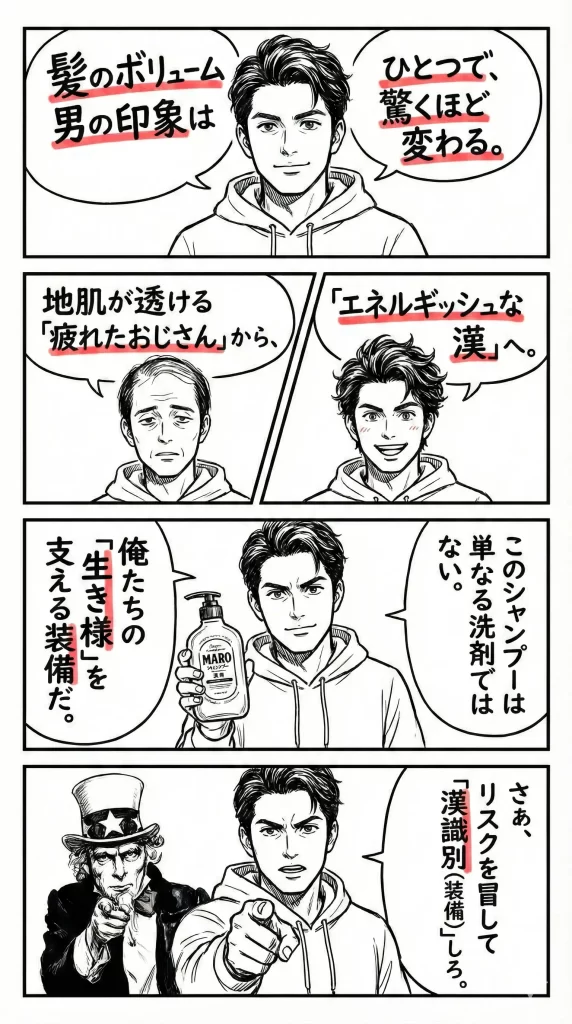 【総評】MARO 3Dボリュームアップシャンプーの効果で人生の生存率を上げろ。漫画