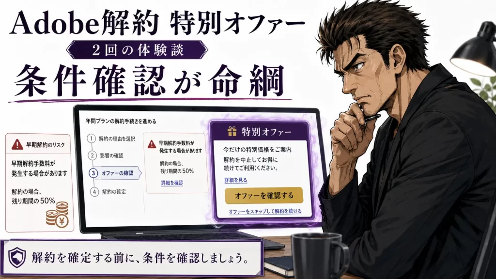 Adobeは解約時に安くなる？特別オファーで早期解約料が発生しなかった2回の体験談。サムネイル画像
