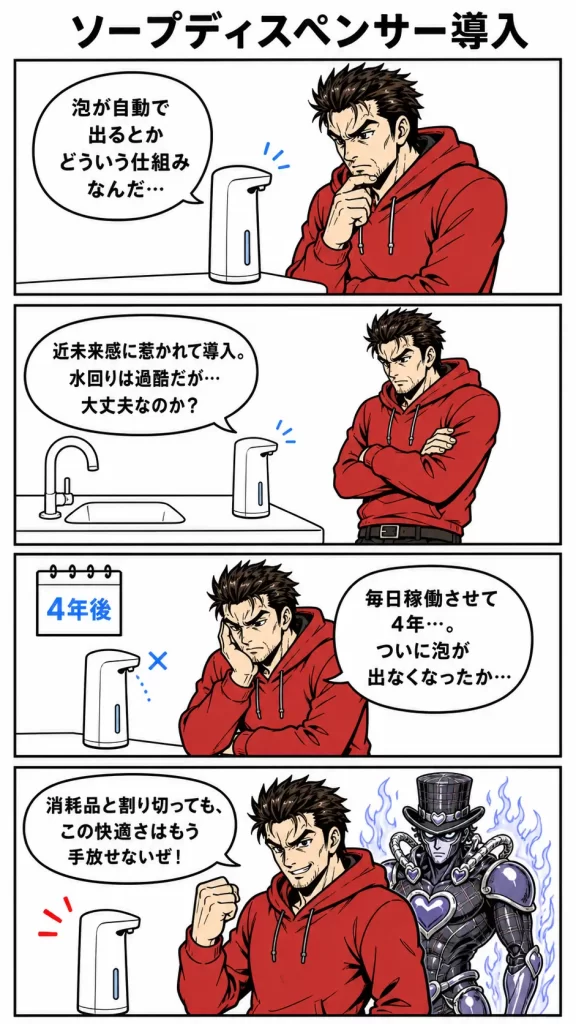 自動ソープディスペンサーは壊れないイメージ。4年間使い倒した俺の実体験。漫画