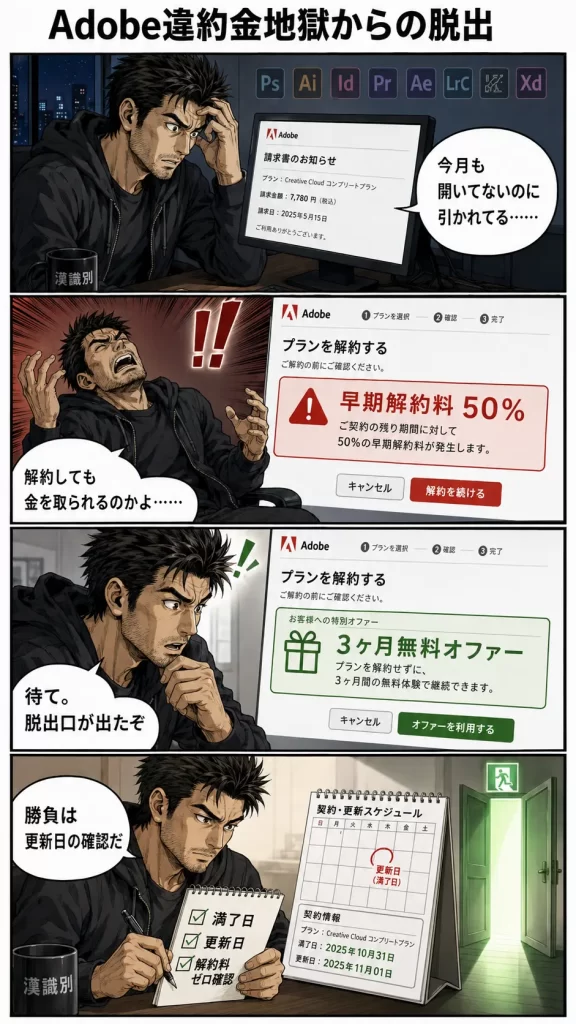 Adobe解約は安くなる?90日間無料で早期解約料を回避した体験談冒頭4コマ漫画
