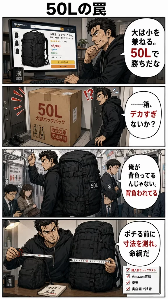 ノースフェイスのでかいリュックはどこに売ってる?50L購入で失敗した俺の体験談4コマ漫画
