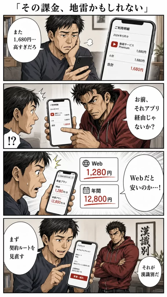 Youtubeプレミアム高すぎ?8年課金者が教える最安値対策冒頭4コマ漫画