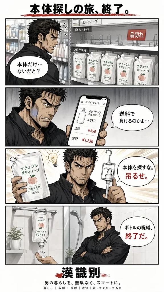ナイーブボディソープの本体が売ってない問題を解決！5年愛用のボトルレス運用。4コマ漫画