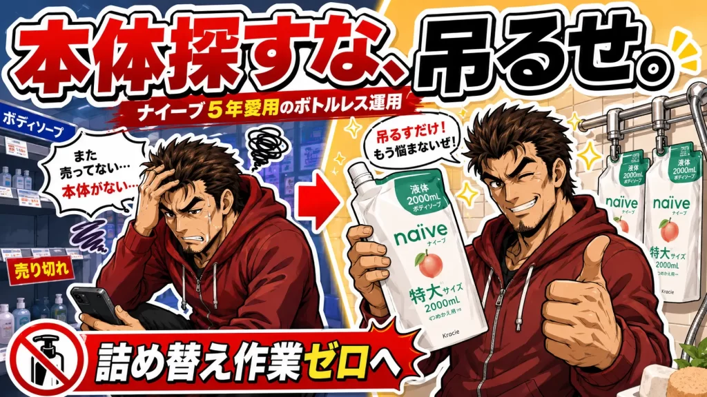 ナイーブボディソープの本体が売ってない問題を解決！5年愛用のボトルレス運用。サムネイル画像