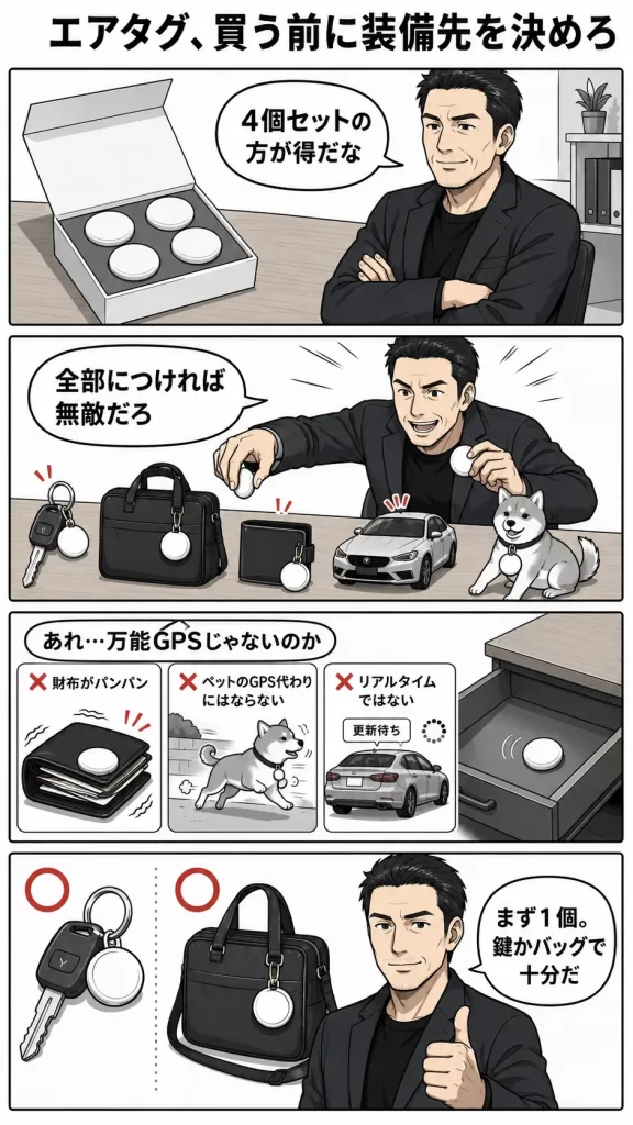 【まとめ】エアタグを何につけるか迷うならまずは1個から試すべき。4コマ漫画