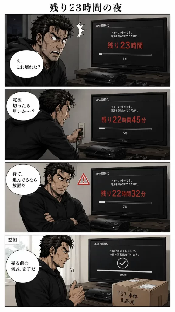 まとめ:PS3のフルフォーマット時間は長くても焦らず放置が最善。4コマ漫画