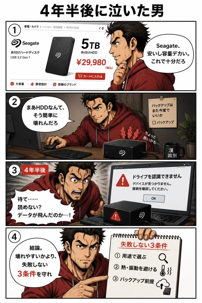 4年半平気だった4TBポータブルHDDが突然沈黙した原因。4コマ漫画