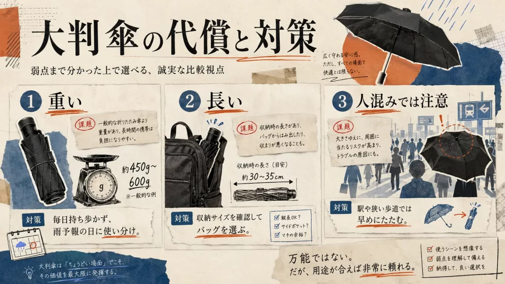 【デメリット】】大きい折りたたみ傘の重さと「かさばる弱点」安全な対策とは？見出し画像