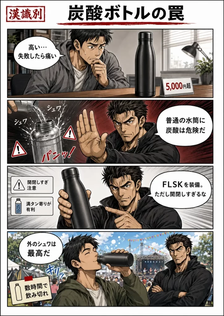 FLSK(フラスク)ボトルの評判を暴露!4年使ってみた本音レビューと炭酸が抜ける限界の検証。冒頭4コマ漫画